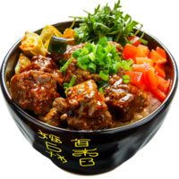 A bowl of food with a label MEAT on it isolated on transparent background png