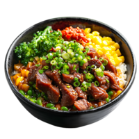A bowl of food with a label MEAT on it isolated on transparent background png
