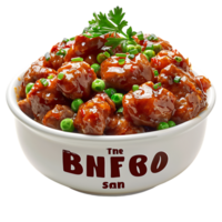 A bowl of food with a label MEAT on it isolated on transparent background png