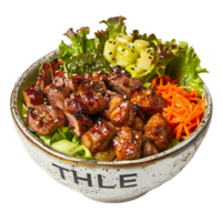 A bowl of food with a label MEAT on it isolated on transparent background png