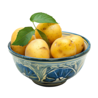 A bowl of potatoes with a green leaf on top isolated on a transparent background png