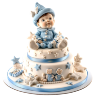 A charmingly decorated fondant birthday cake for a baby boy is depicted in isolation png