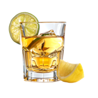 A glass of whiskey with a lemon and lime on it isolated against a transparent background png