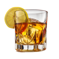 A glass of whiskey with a lemon and lime on it isolated against a transparent background png