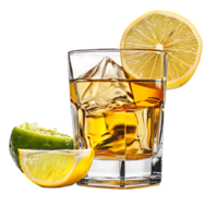 A glass of whiskey with a lemon and lime on it isolated against a transparent background png