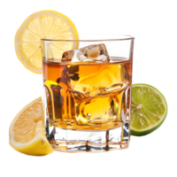 A glass of whiskey with a lemon and lime on it isolated against a transparent background png