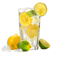 A glass of lemonade with lemons and limes isolated against a transparent background png