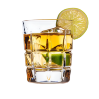 A glass of whiskey with a lemon and lime on it isolated against a transparent background png