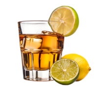 A glass of whiskey with a lemon and lime on it isolated against a transparent background png