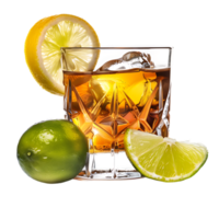 A glass of whiskey with a lemon and lime on it isolated against a transparent background png