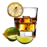 A glass of whiskey with a lemon and lime on it isolated against a transparent background png