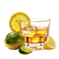 A glass of whiskey with a lemon and lime on it isolated against a transparent background png
