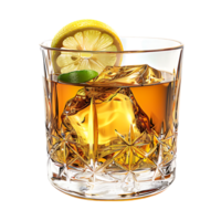 A glass of whiskey with a lemon and lime on it isolated against a transparent background png