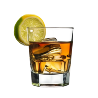 A glass of whiskey with a lemon and lime on it isolated against a transparent background png