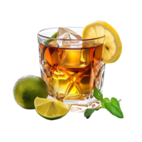 A glass of whiskey with a lemon and lime on it isolated against a transparent background png