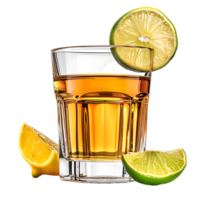 A glass of whiskey with a lemon and lime on it isolated against a transparent background png