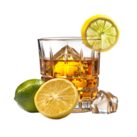 A glass of whiskey with a lemon and lime on it isolated against a transparent background png
