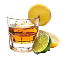 A glass of whiskey with a lemon and lime on it isolated against a transparent background png