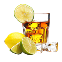 A glass of whiskey with a lemon and lime on it isolated against a transparent background png