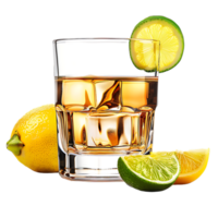 A glass of whiskey with a lemon and lime on it isolated against a transparent background png