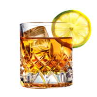 A glass of whiskey with a lemon and lime on it isolated against a transparent background png