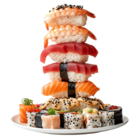 uma ordenadamente arranjado pilha do Sushi em repouso em uma prato isolado para foco png