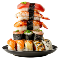 A neatly arranged stack of sushi resting on a plate isolated for focus png