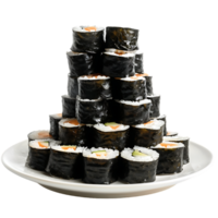 A neatly arranged stack of sushi resting on a plate isolated for focus png