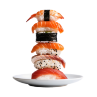 uma ordenadamente arranjado pilha do Sushi em repouso em uma prato isolado para foco png