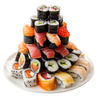 uma ordenadamente arranjado pilha do Sushi em repouso em uma prato isolado para foco png