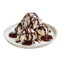 A plate adorned with ice cream drizzled in chocolate sauce is set apart png