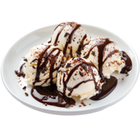 A plate adorned with ice cream drizzled in chocolate sauce is set apart png