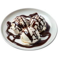 A plate adorned with ice cream drizzled in chocolate sauce is set apart png