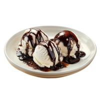 A plate adorned with ice cream drizzled in chocolate sauce is set apart png