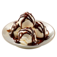 A plate adorned with ice cream drizzled in chocolate sauce is set apart png