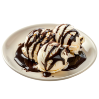 A plate adorned with ice cream drizzled in chocolate sauce is set apart png