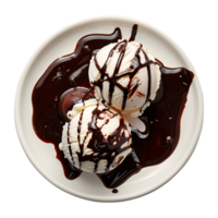 A plate adorned with ice cream drizzled in chocolate sauce is set apart png