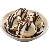 A plate adorned with ice cream drizzled in chocolate sauce is set apart png