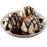 A plate adorned with ice cream drizzled in chocolate sauce is set apart png