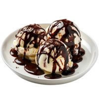 A plate adorned with ice cream drizzled in chocolate sauce is set apart png