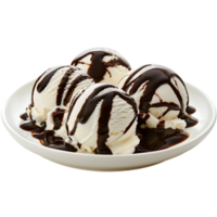 A plate adorned with ice cream drizzled in chocolate sauce is set apart png