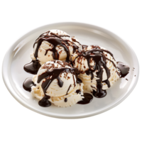 A plate adorned with ice cream drizzled in chocolate sauce is set apart png