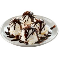 A plate adorned with ice cream drizzled in chocolate sauce is set apart png