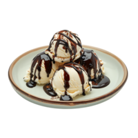 A plate adorned with ice cream drizzled in chocolate sauce is set apart png