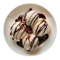 A plate adorned with ice cream drizzled in chocolate sauce is set apart png