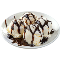 A plate adorned with ice cream drizzled in chocolate sauce is set apart png