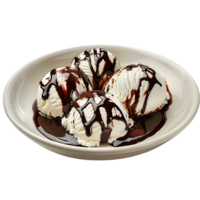 A plate adorned with ice cream drizzled in chocolate sauce is set apart png
