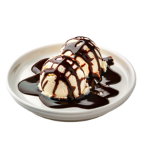 A plate adorned with ice cream drizzled in chocolate sauce is set apart png