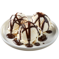 A plate adorned with ice cream drizzled in chocolate sauce is set apart png