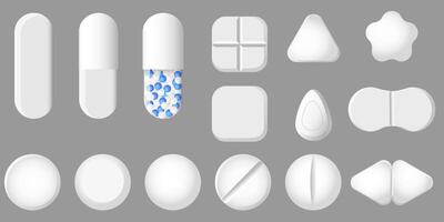 Set of medical pill, capsule, tablet on on grey background. Illustration EPS10 vector